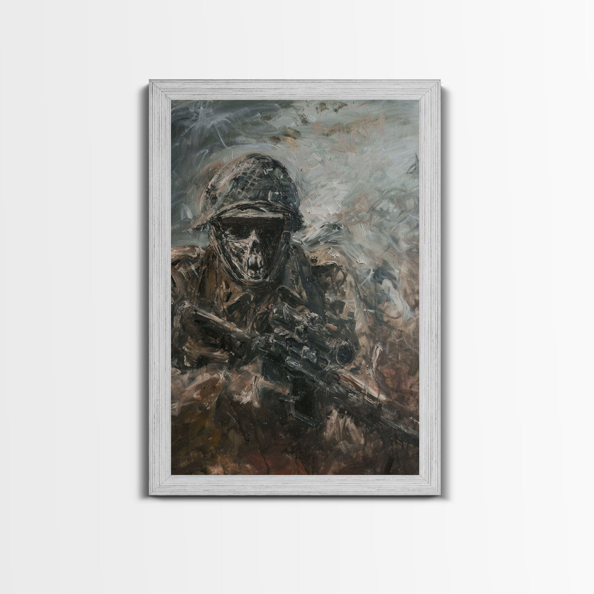 Skeletal Soldier in Battle - Haunting War Scene Gothic Art Framed Canvas Print, Spooky Halloween Decor