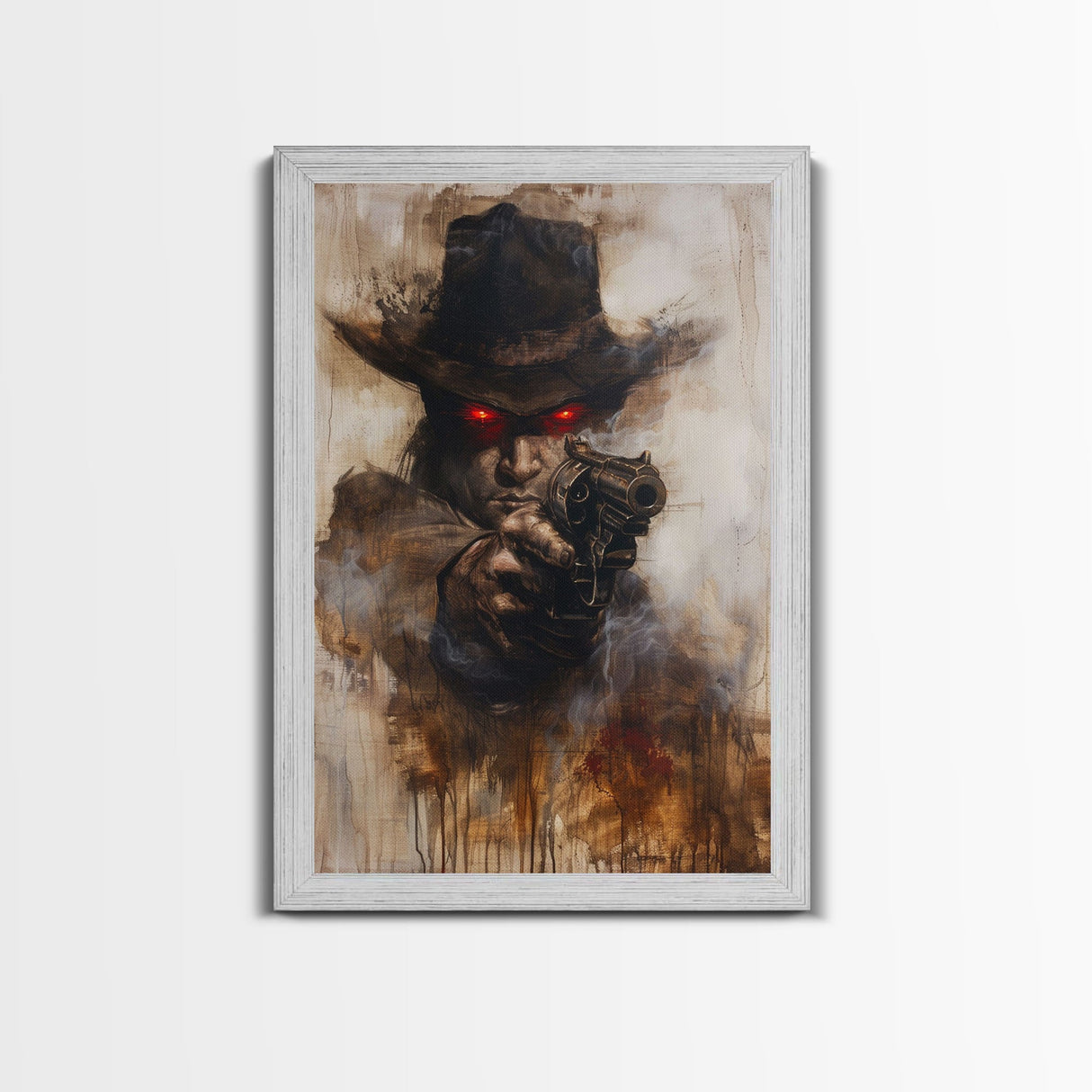 Haunting Cowboy with Red Eyes - Halloween Art, Gothic Art, Spooky Decor, Dark Wild West Art, Menacing Portrait, Framed Canvas Print