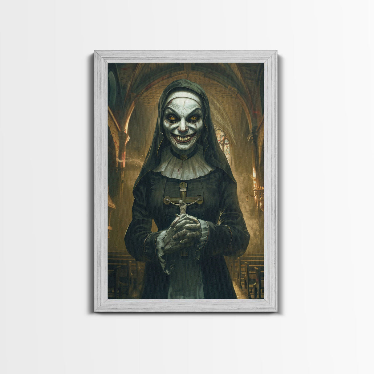 Creepy Nun Canvas Print - Halloween Art, Scary Art, Spooky Home Decor, Creepy Portrait, Gothic Wall Art, Halloween Decor Framed Canvas Print