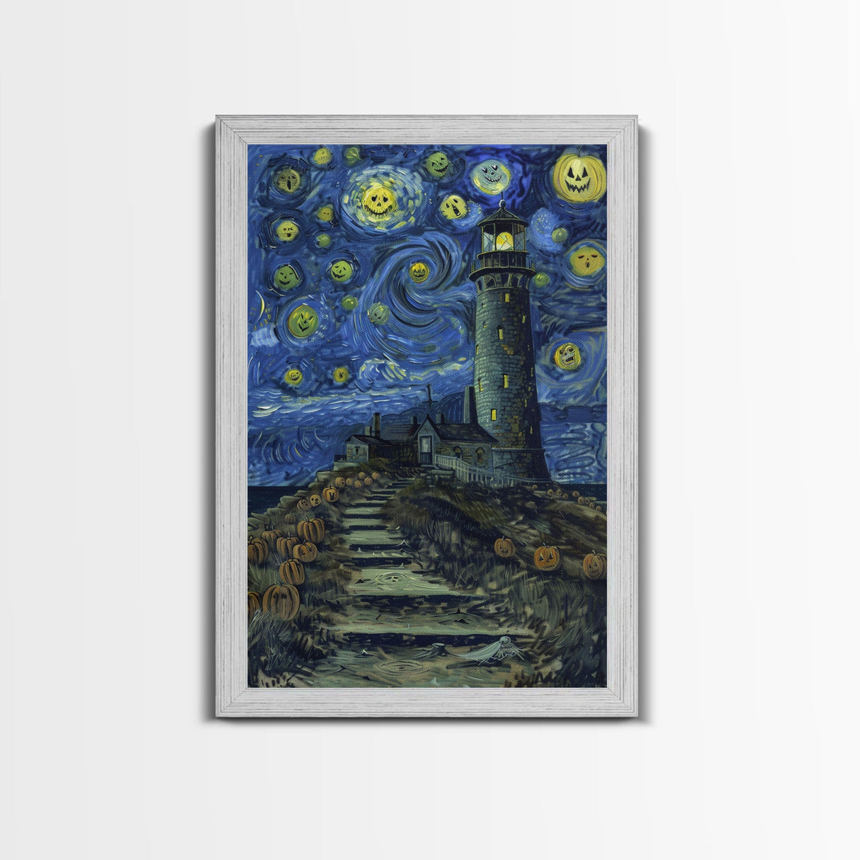 Starry Night Inspired Haunted Light House Framed Canvas Print, Van Gogh Inspired, Spooky Season Halloween Art