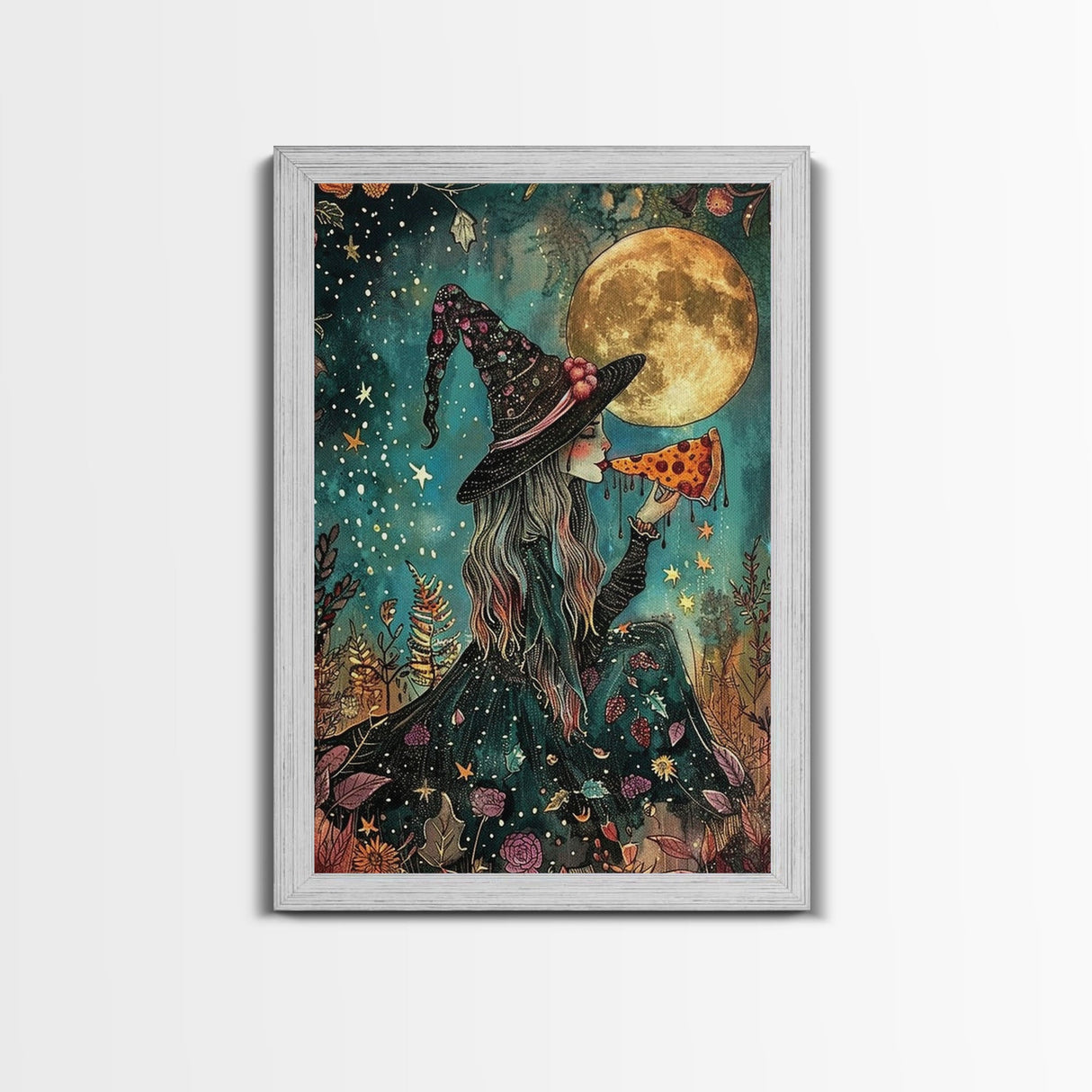 Spring Witch and Her Slice Of Pizza, Framed Canvas Print, Cute / Funny Halloween Art
