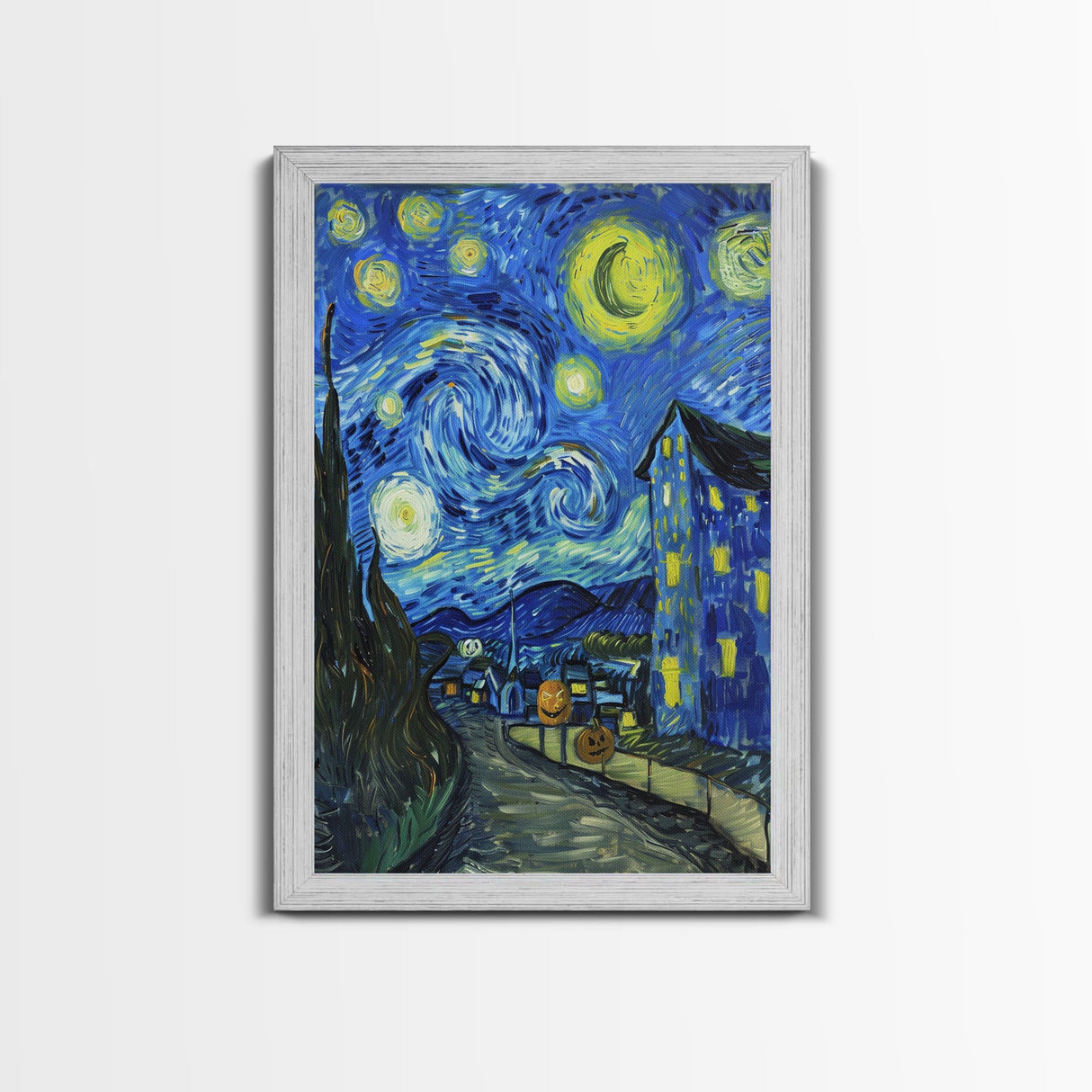 Starry Night Inspired Haunted Halloween Village Framed Canvas Print, Van Gogh Inspired, Spooky Season Halloween Art