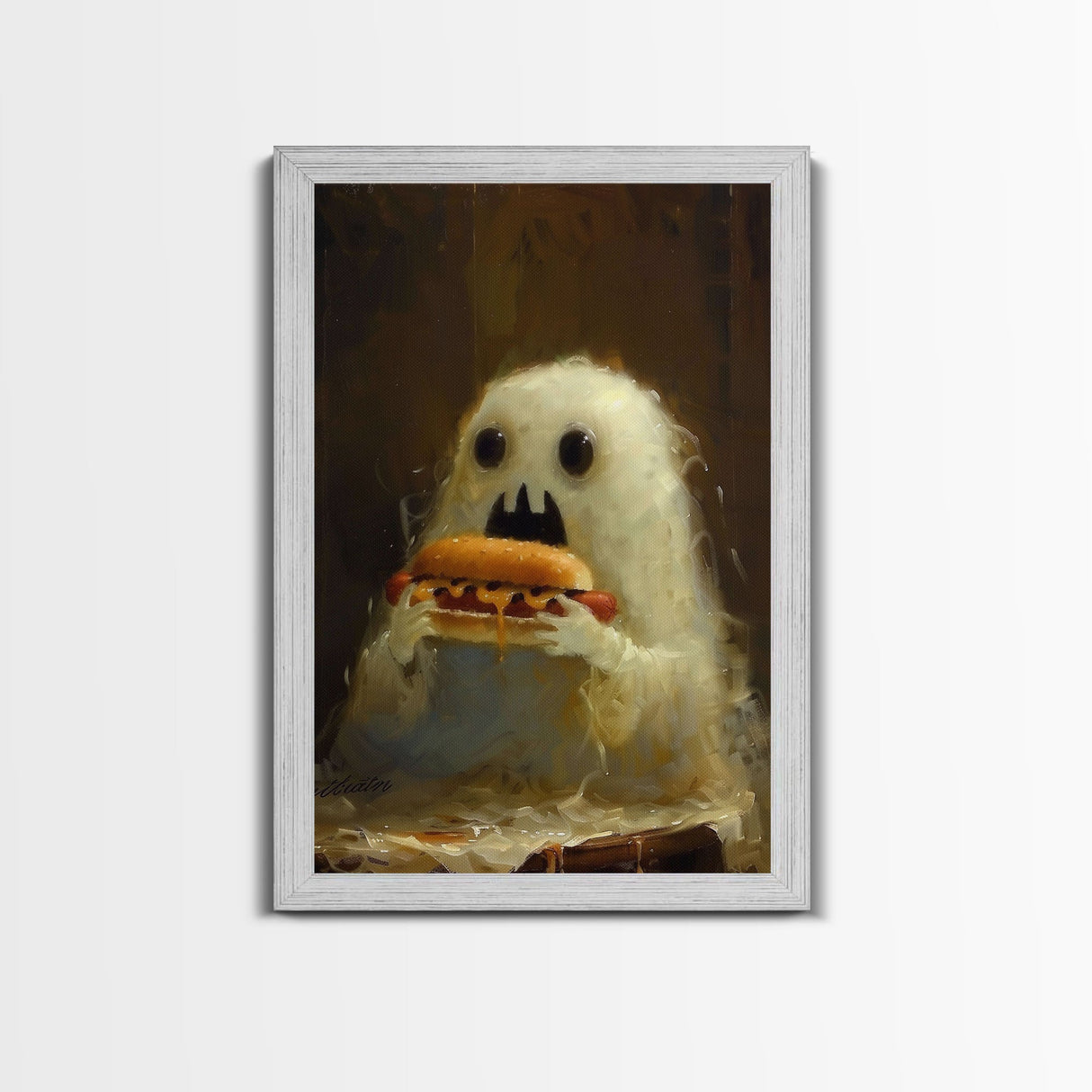 Cute Ghost Chompin on A Hot Dog, Ghostly Hot Dog Thief, Framed Canvas Print, Funny Halloween Spooky Season Art
