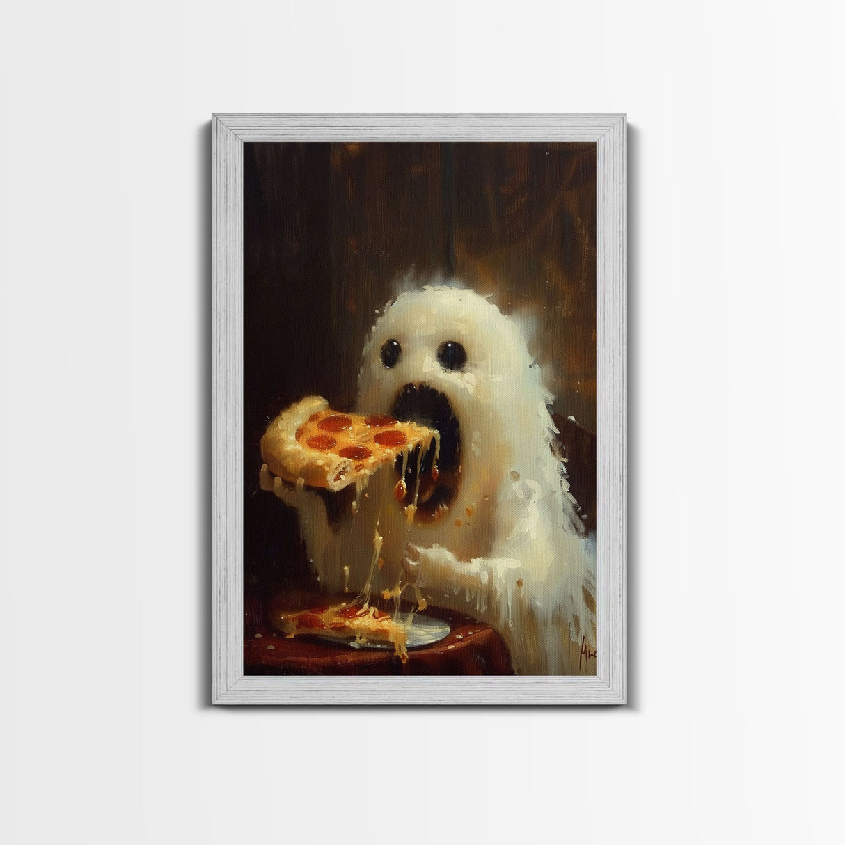 Cute Ghost Chompin on A Pizza, Ghostly Pizza Pirate, Framed Canvas Print, Funny Halloween Spooky Season Art