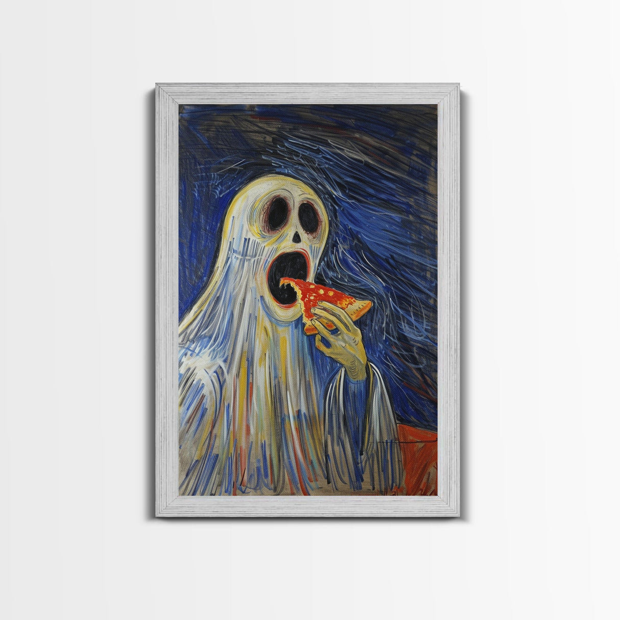 Spooky Ghost Eatin a Pizza, YUM! Funny Halloween Art