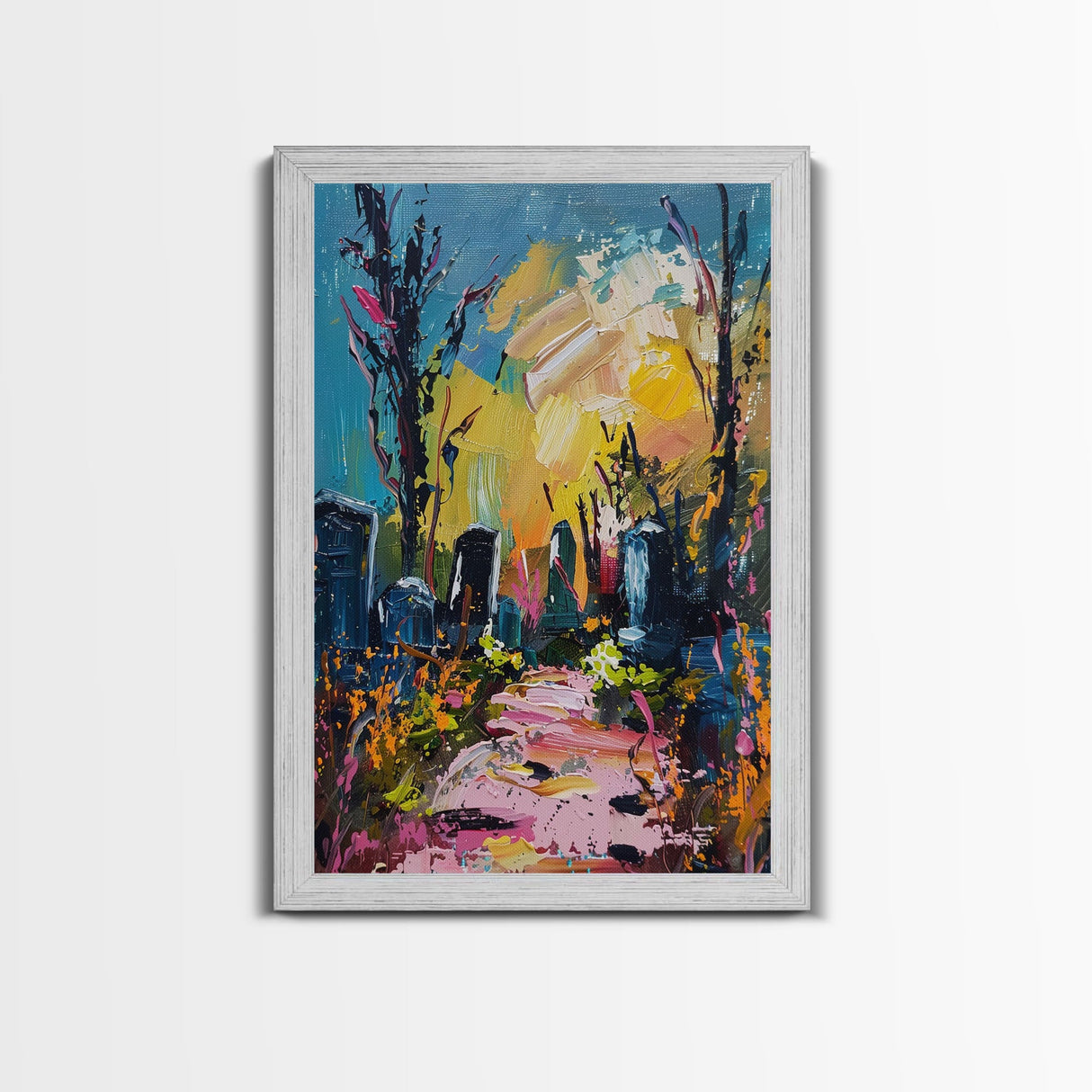 Colorful Haunted Cemetary, Springtime Halloween Mashup, Spooky Season Vibes, Framed Canvas Print, Haunted Graveyard