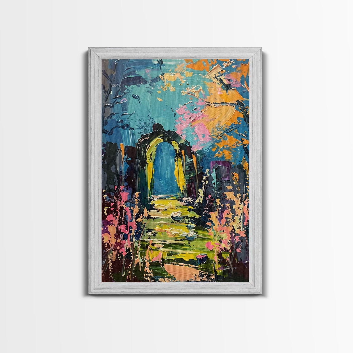Enchanted Path Framed Canvas Print, Halloween Art, Spooky Garden, Haunted Walkway, Fall Decor Gothic Decor, Ghostly Archway, Eerie Landscape
