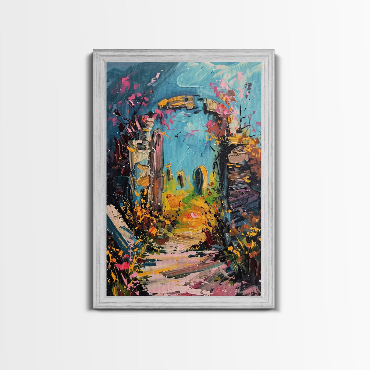 Ruined Archway Framed Canvas Print, Halloween Art, Haunted Garden, Spooky Ruins, Eerie Pathway, Fall Decor, Gothic Wall Art, Haunted Decor
