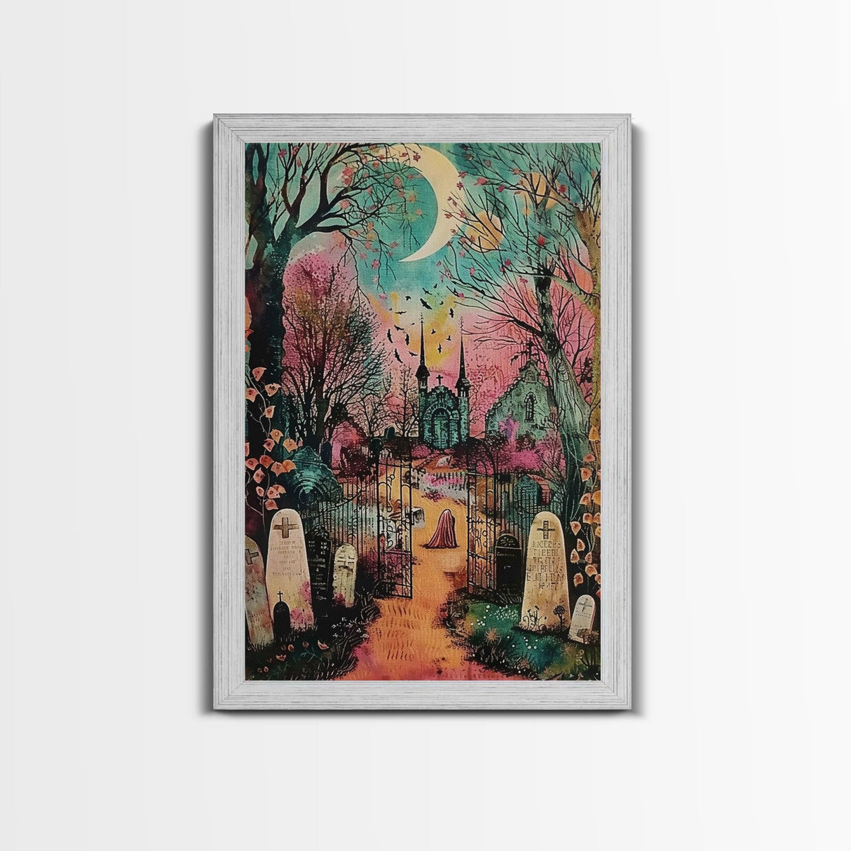 Creepy Moonlit Trees Framed Canvas Print, Haunted Forest Art, Halloween Night Scene, Eerie Woods Decor, Spooky Artwork, Framed Canvas Print