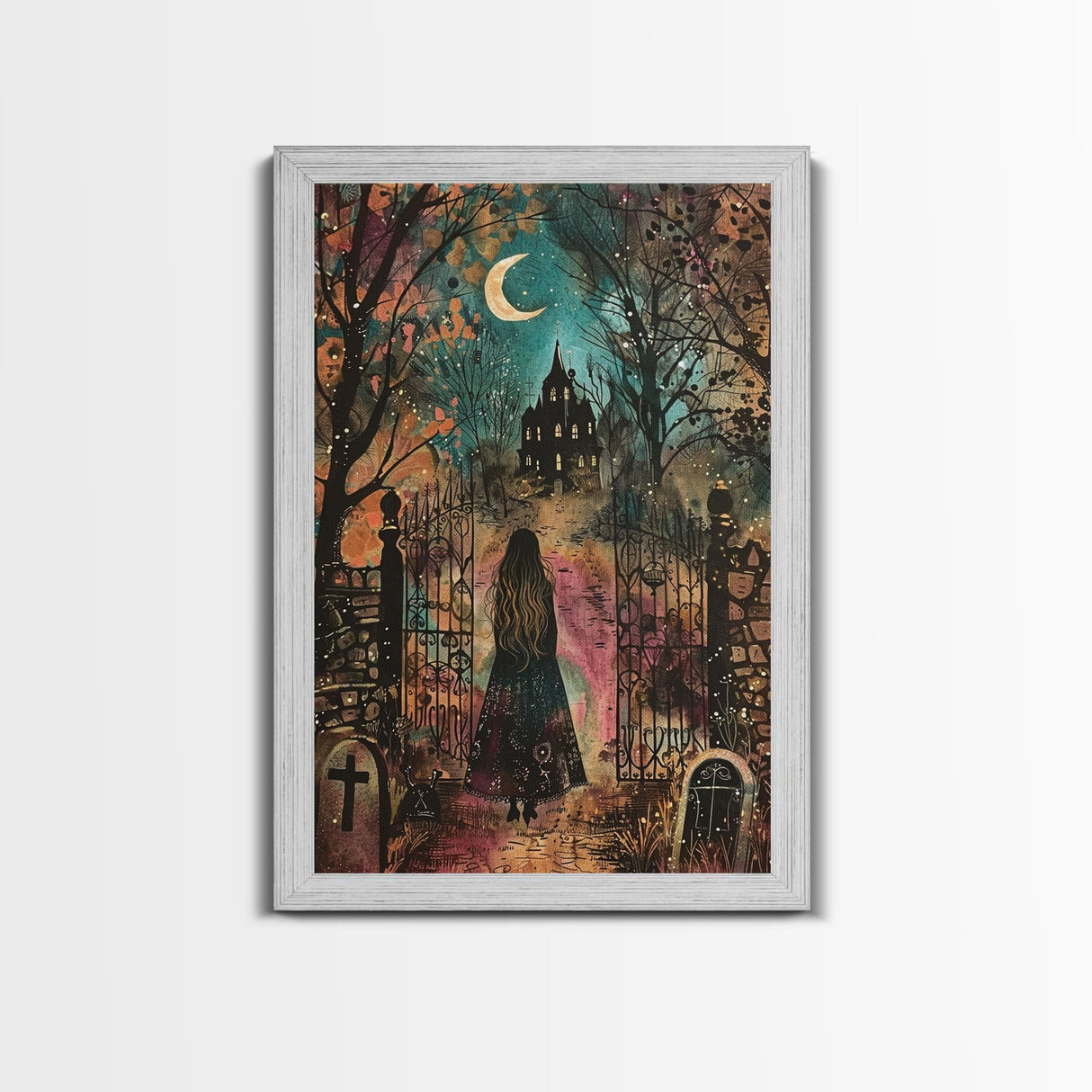 Gothic Mansion in the Forest Framed Canvas Print, Spooky Haunted House Art, Halloween, Eerie Decor, Haunted Artwork, Framed Canvas Print