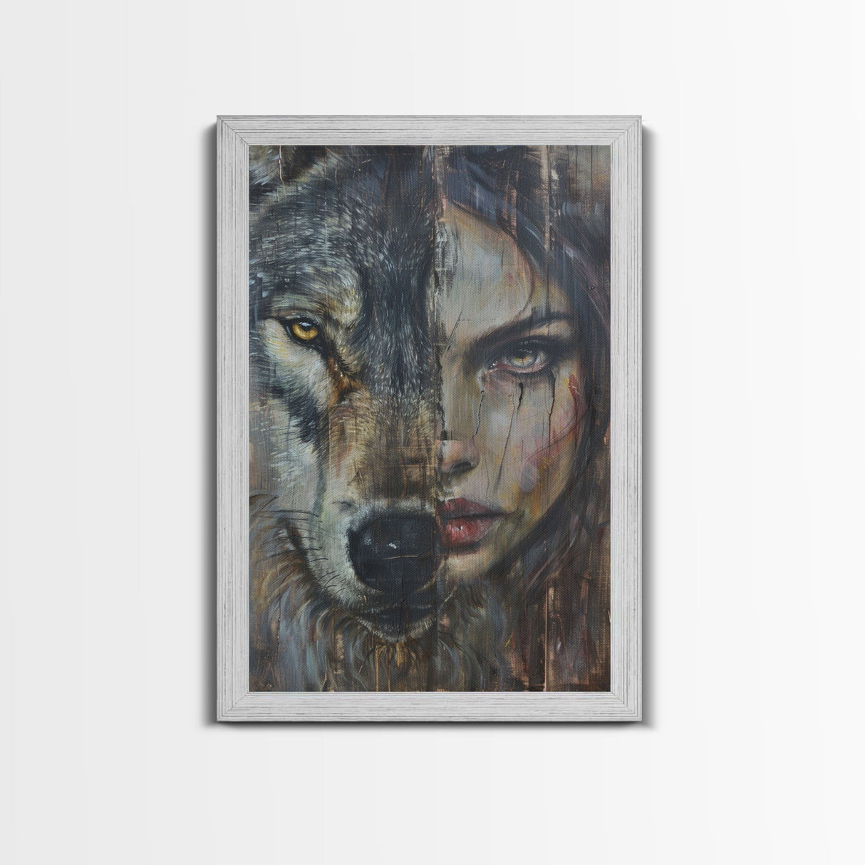 Half Witch Half Wolf, Double Exposure, Unique Halloween Art Framed Canvas Print, Halloween Products, Spooky Witch Poster Art