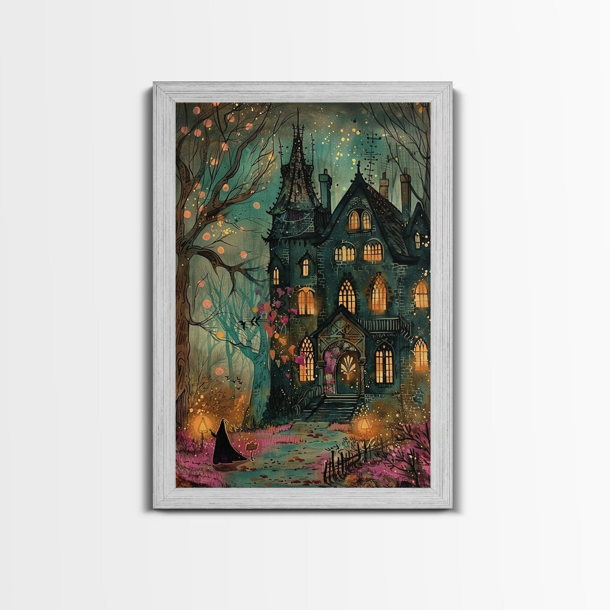 Haunted Mansion On Halloween, Framed Canvas Print, Spooky Vibes Wall Art