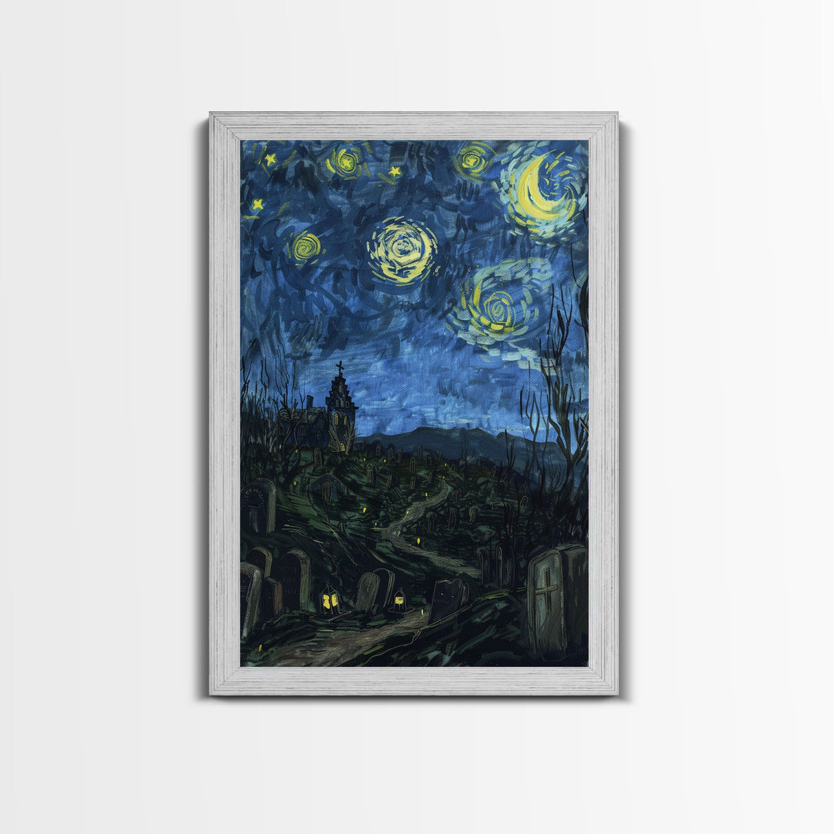 Gothic Graveyard Framed Canvas Print, Halloween Wall Art, Haunted Cemetery Art, Spooky Night Decor, Halloween Home Decor, Horror Art