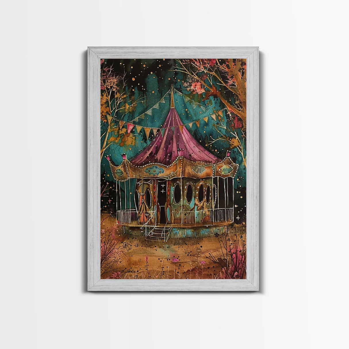 Nighttime Haunted Forest Path Framed Canvas Print, Halloween Wall Art, Spooky Home Decor, Eerie Artwork, Ghostly Path Decoration