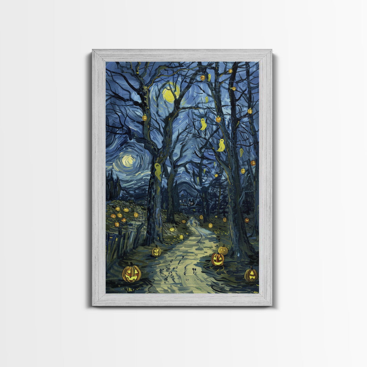 Dark Steamy Train at Night Framed Canvas Print, Halloween Wall Art, Spooky Train Station Decor, Haunted Transportation Artwork, Ghostly Art