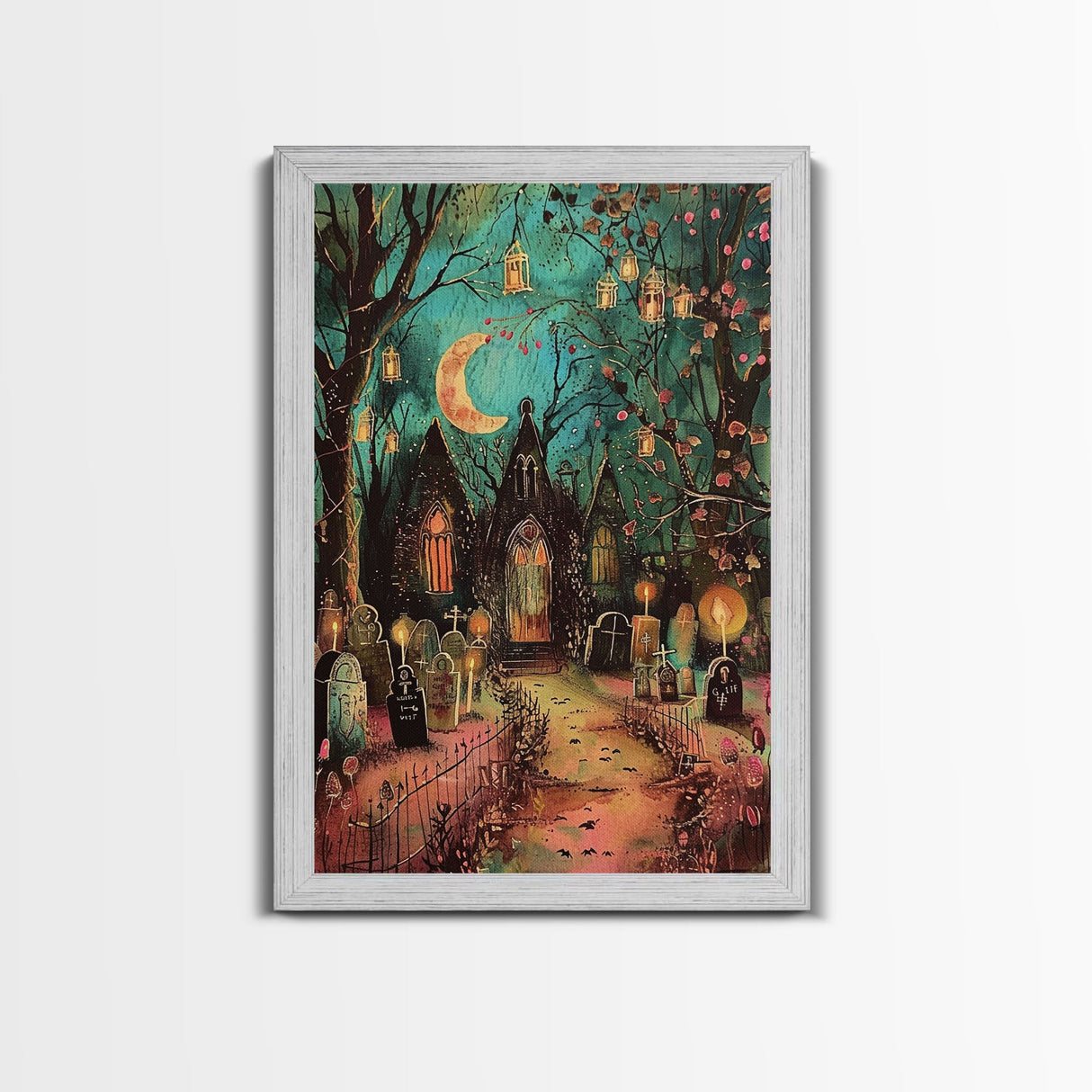 Gothic Churchyard with Moon and Lanterns Framed Canvas Print, Wall Art, Spooky Home Decor, Halloween Cemetery, Gothic Art, Haunted Graveyard