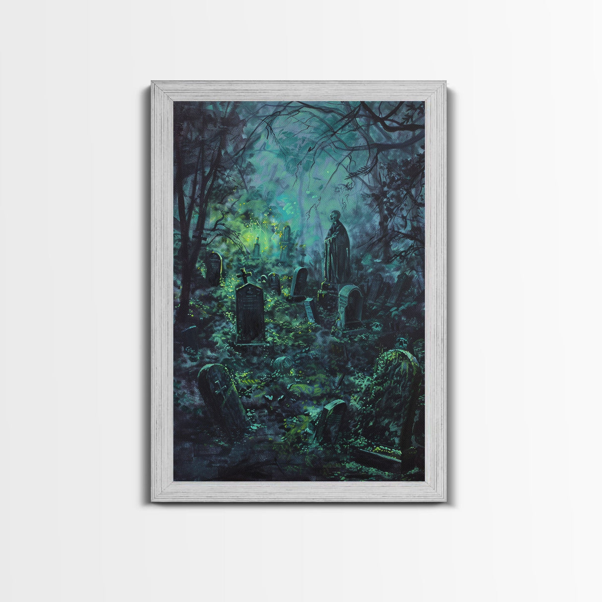 Spooky Cemetery with Glowing Lights Framed Canvas Print, Wall Art, Halloween Graveyard Art, Eerie Home Decor, Haunted Forest Painting