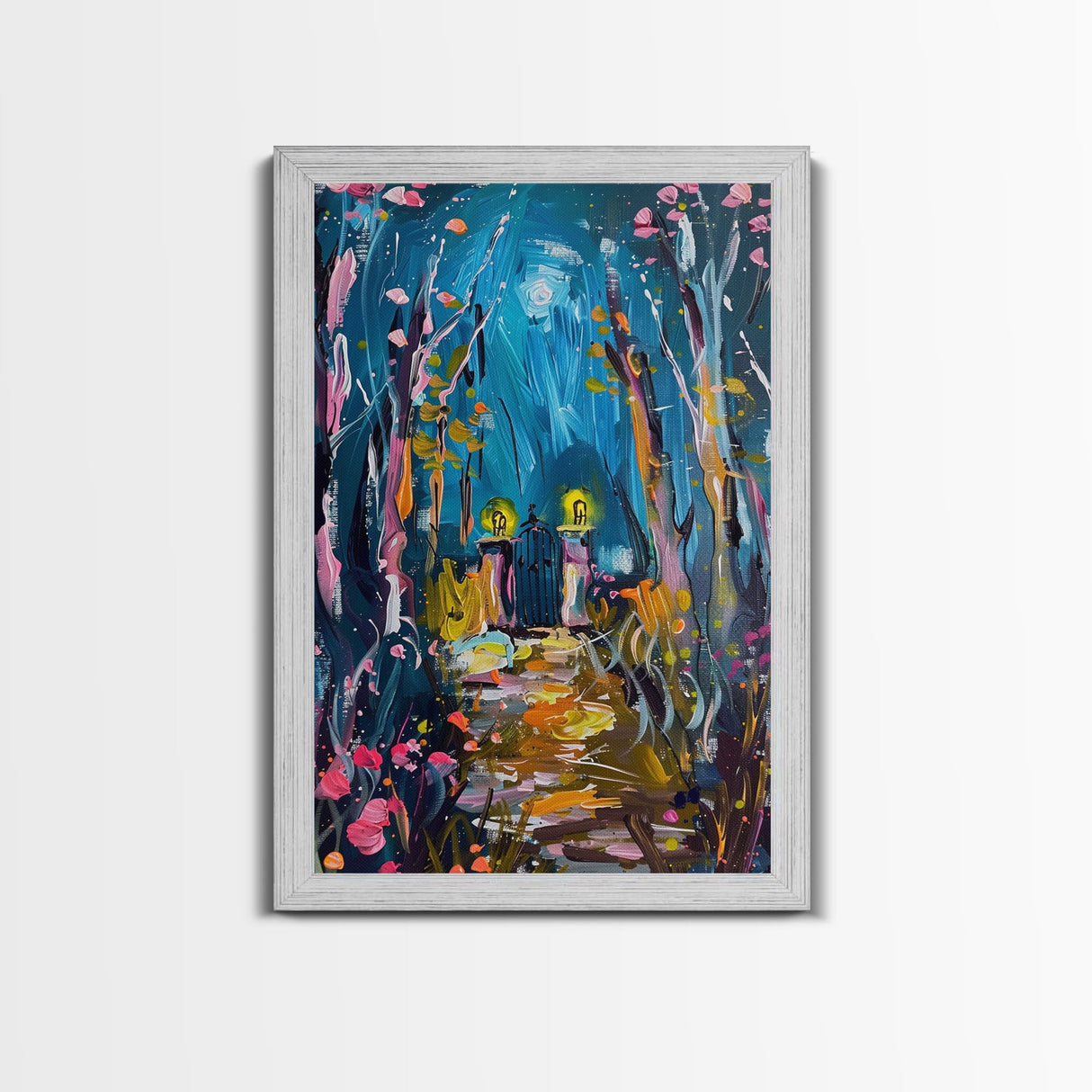 Mystical Cemetery with Glowing Flowers Framed Canvas Print, Wall Art, Halloween Graveyard Art, Enchanted Forest Decor, Spooky Artwork