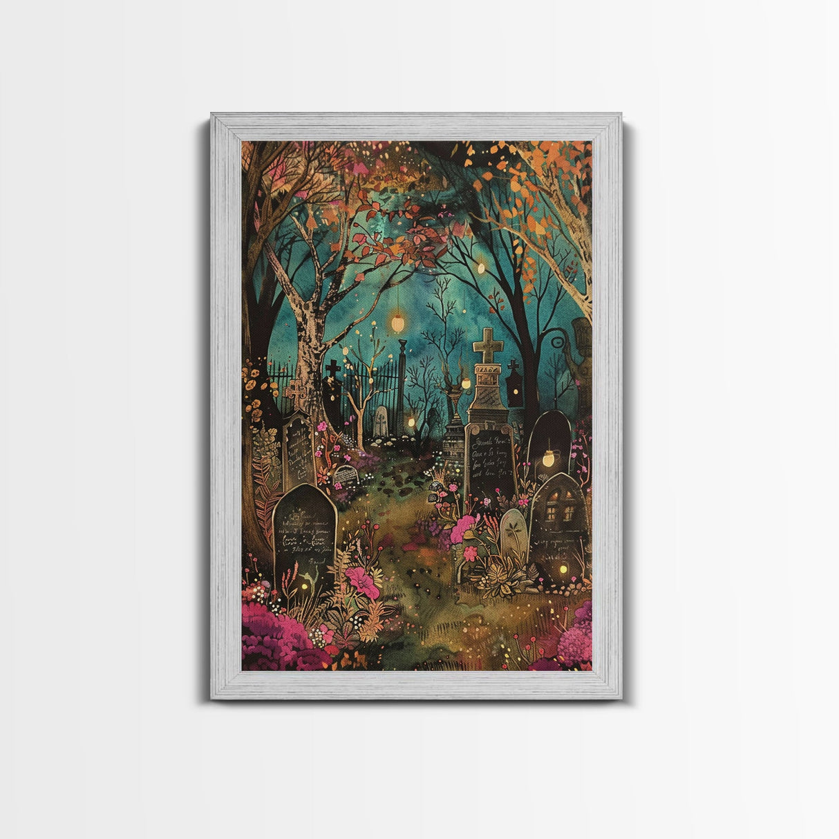 Gate to Haunted Cemetery Framed Canvas Print, Wall Art, Spooky Graveyard Art, Eerie Home Decor, Halloween Forest Painting, Spooky Graveyard
