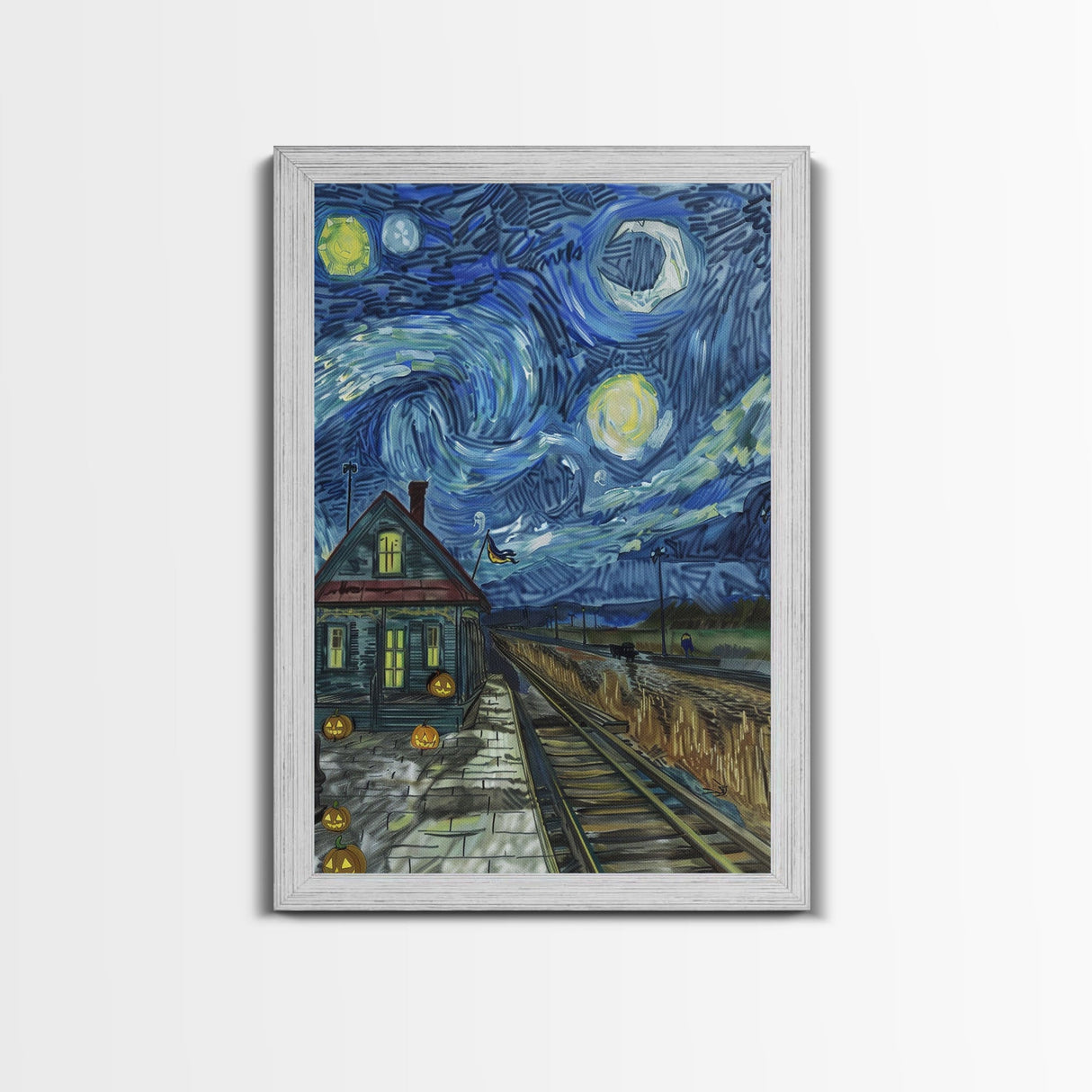 Enchanted Graveyard with Lanterns Framed Canvas Print, Wall Art, Spooky Home Decor, Halloween Cemetery Art, Mystical Art, Haunted Graveyard