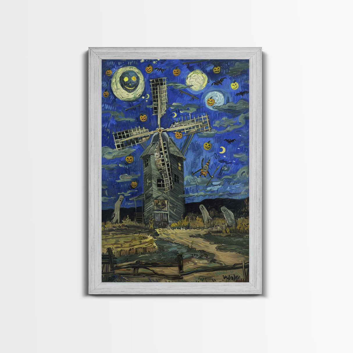 Haunted Railway Station with Pumpkins Framed Canvas Print, Wall Art, Spooky Home Decor, Halloween Train Station Art, Eerie Painting