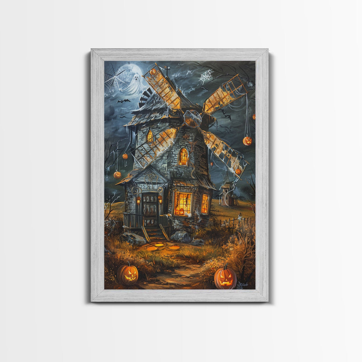 Spooky Windmill with Pumpkins Framed Canvas Print, Wall Art, Halloween Home Decor, Haunted Windmill Painting, Eerie Artwork, Halloween