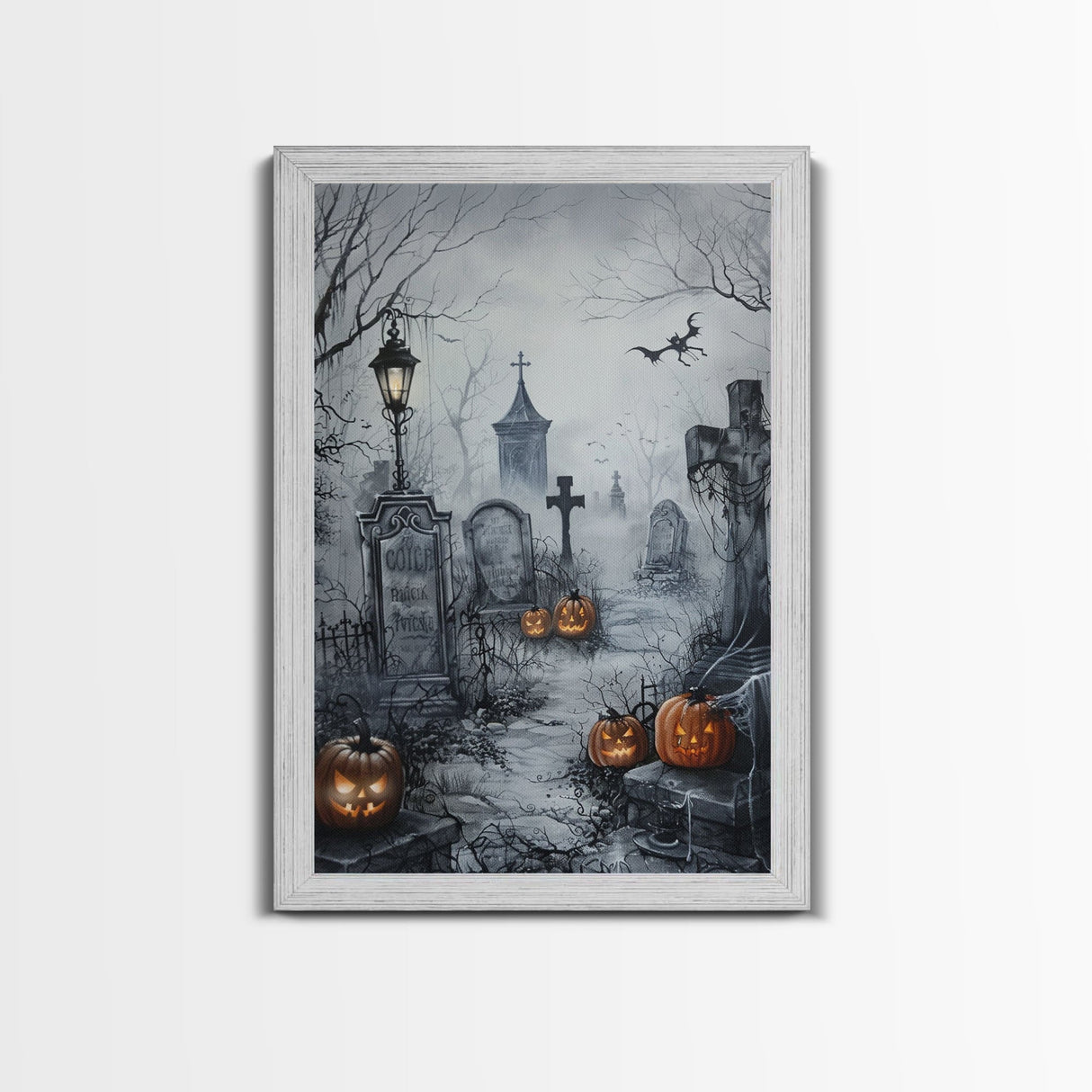 Eerie Graveyard with Pumpkins Framed Canvas Print, Halloween Wall Art, Spooky Cemetery, Home Decor, Gothic Artwork, Living Room Art, Creepy
