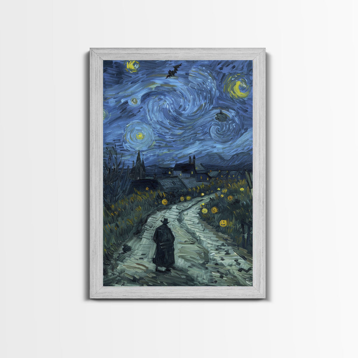 Haunted Road with Jack-O-Lanterns Framed Canvas Print, Halloween Wall Art, Starry Night Inspired, Home Decor, Spooky Art, Living Room Decor