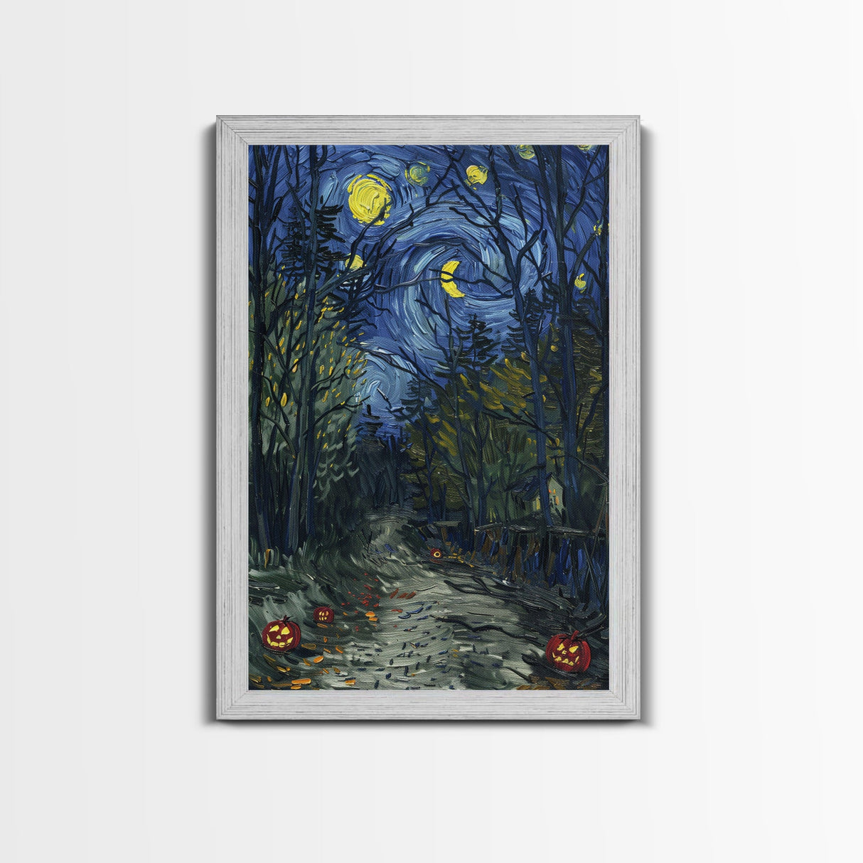 Dark Forest Path with Pumpkins Framed Canvas Print, Halloween Wall Art, Starry Night Inspired, Home Decor, Spooky Art, Living Room Decor