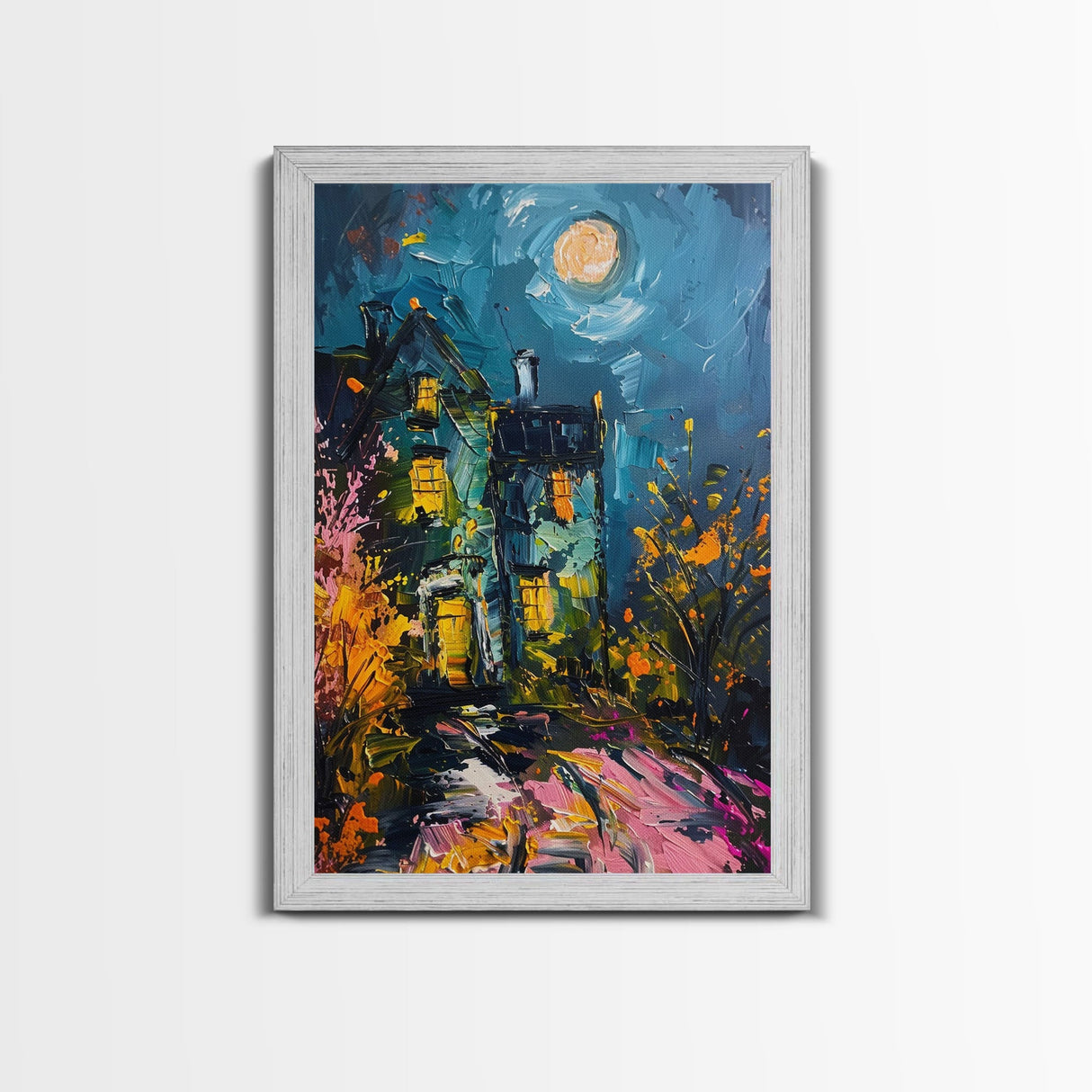 Haunted House with Glowing Windows Framed Canvas Print, Halloween Wall Art, Spooky Art, Home Decor, Living Room Decor, Gothic Artwork