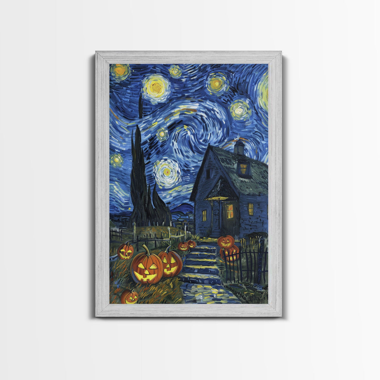 Spooky Starry Night with Jack-O-Lanterns Framed Canvas Print, Halloween Wall Art, Starry Night Inspired, Home Decor, Spooky Art, Living Room
