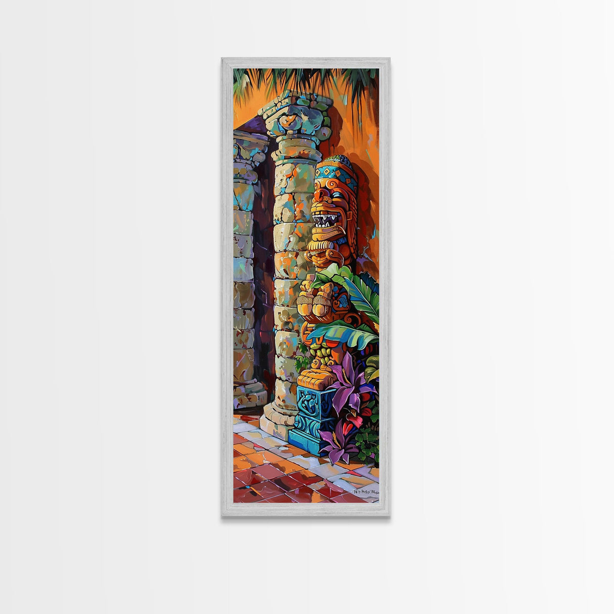 Colorful Tiki Wall Art Print Framed on Canvas, Long Narrow Wall Art for Beach House, Beach Themed Decor, Textured Canvas Painting Printed