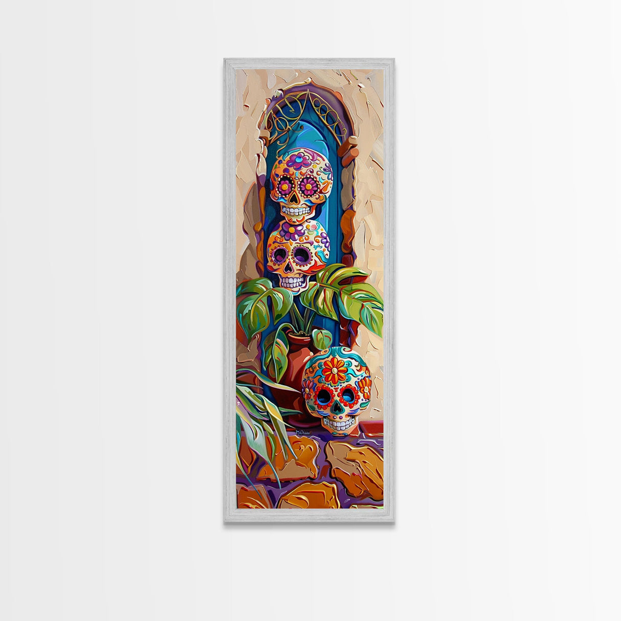 Day of The Dead Inspired Mexican Canvas Painting Framed, Long Narrow Wall Art Print, Spanish Style Home Decor, Contemporary Art Print