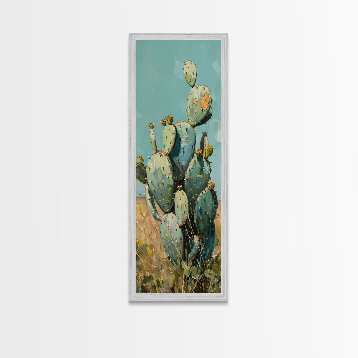 Botanical Desert Art Print of Cactus Framed on Canvas, Framed Western Art, Colorful Landscape Painting, Vertical Art for Living Room