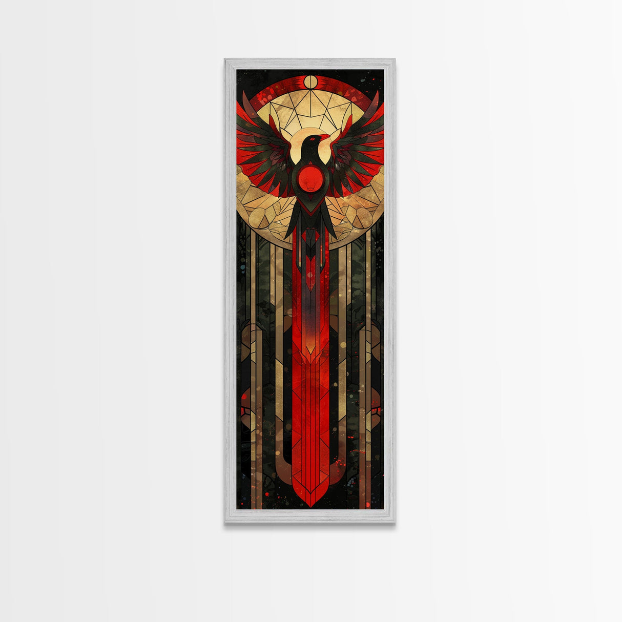 Red and Gold Phoenix Design on Geometric Background - Framed Canvas Print, Midcentury Modern Art, Skinny Art, Tall Art, Living Room Wall Decor, Boho Art