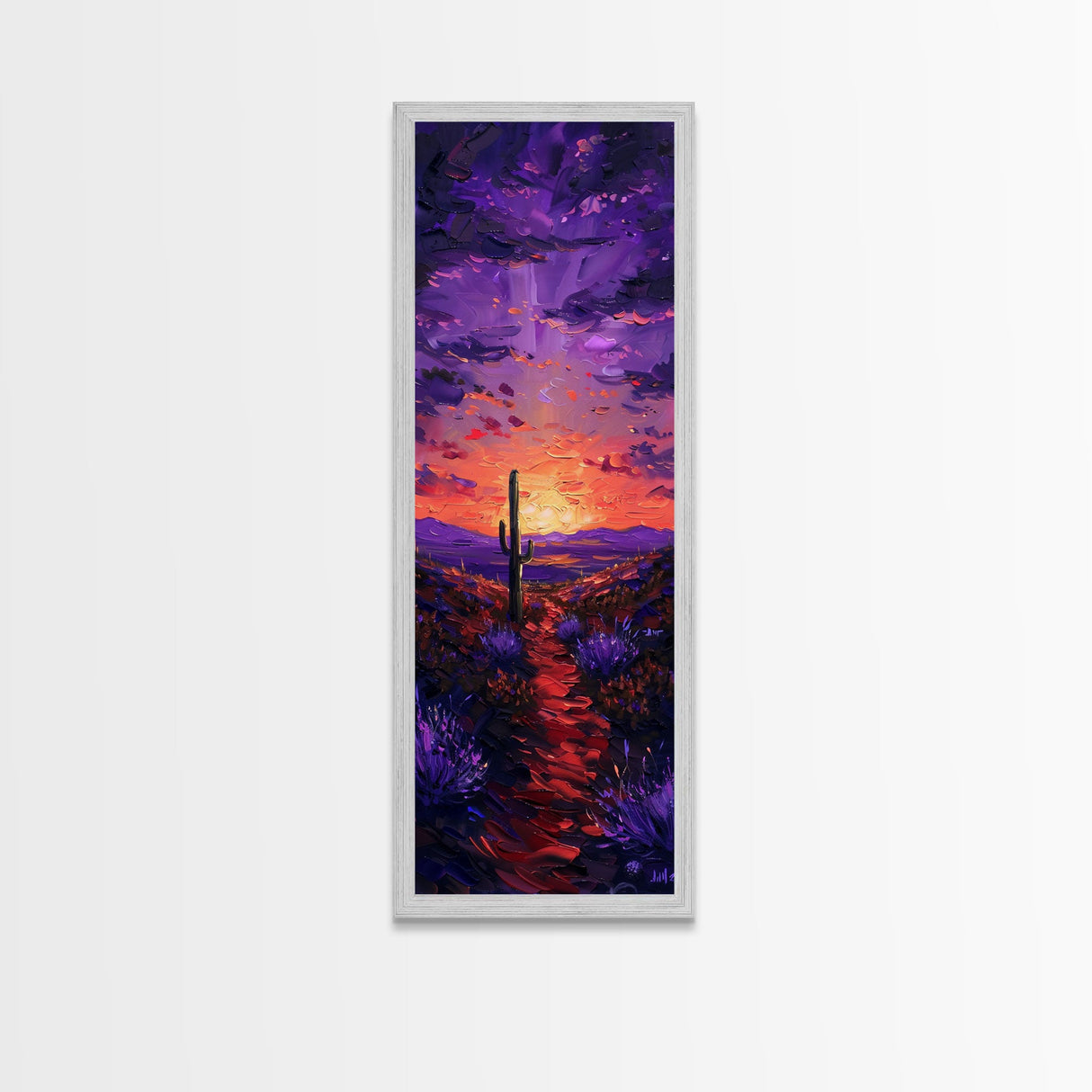 Colorful Sunset Over a Desert Landscape with a Saguaro Cactus and Dramatic Sky on a Framed Canvas Print Skinny Art Piece