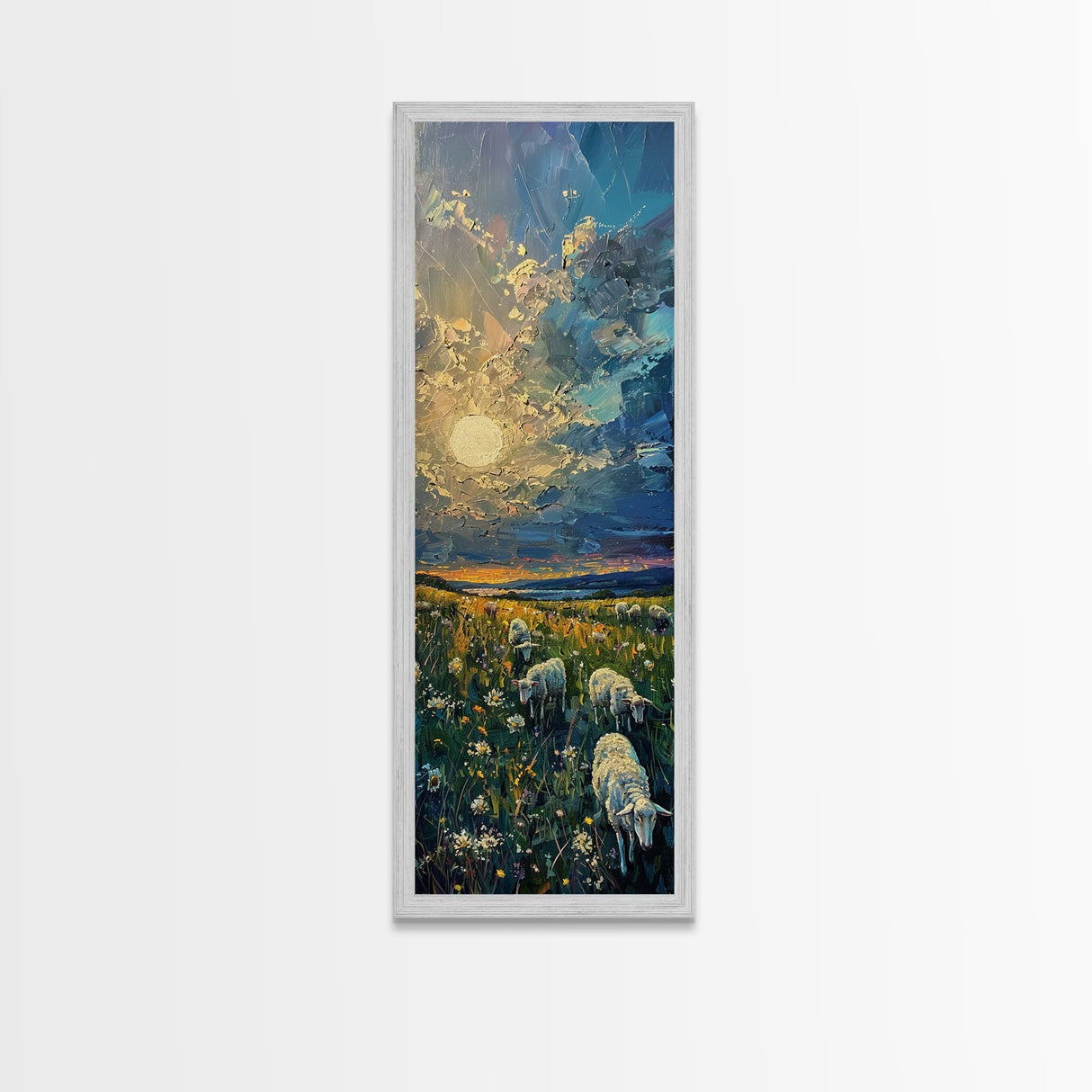 Lambs At Sunset Farmhouse Decor, Framed Canvas Print, Unique Wall Art, Skinny Art, Tall Wall Art, Art For Small Spaces