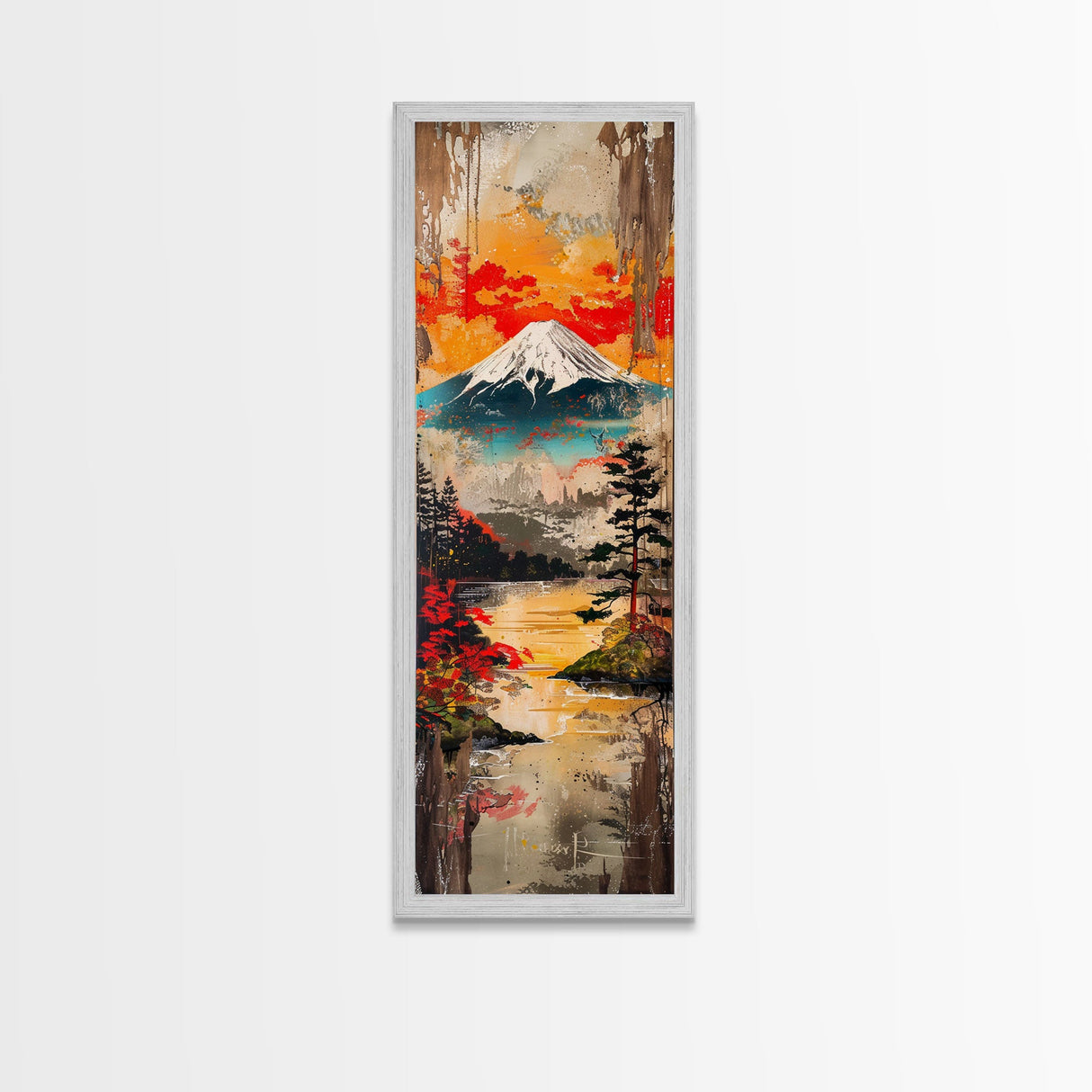 Reflections of Majestic Mountain Peaks in Calm Lake, Minimalist Landscape Framed Canvas Print, Perfect for Nature Inspired Wall Art