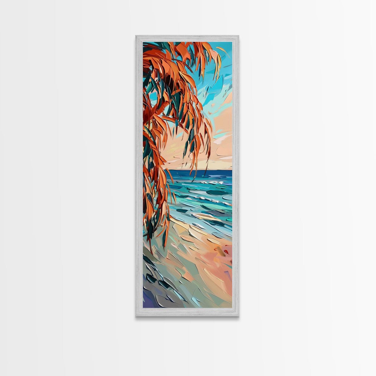 Expressive Coastal Shoreline Landscape in Blue and Orange, Abstract Painting on Framed Canvas Print, Perfect for Beach-Themed Wall Art