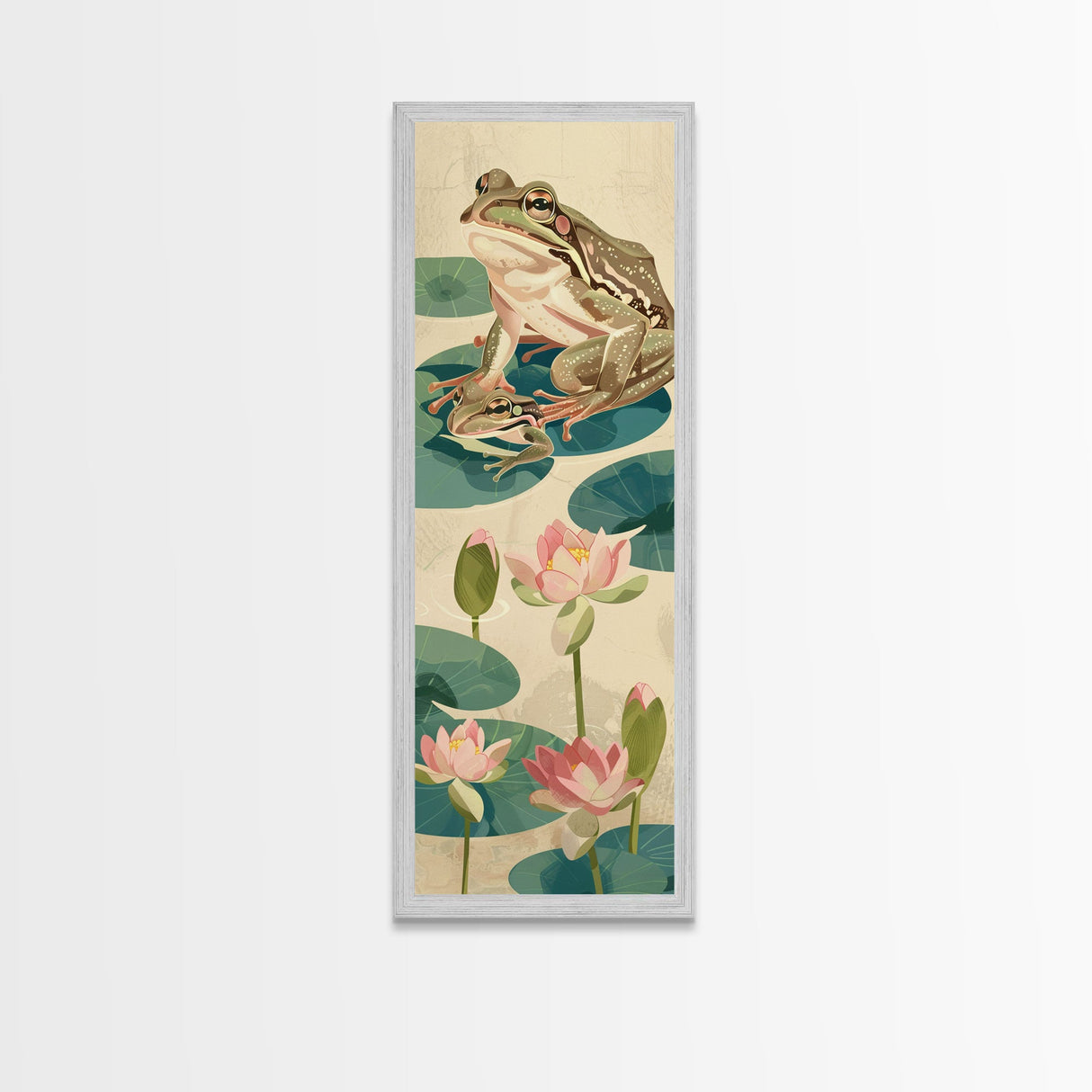 Frogs On Lily Pads Canvas In Japanese Ukiyo-e Style, Traditional Woodblock Print, Framed Canvas Print, Tall Skinny Japanese Wall Art, Ready To Hang