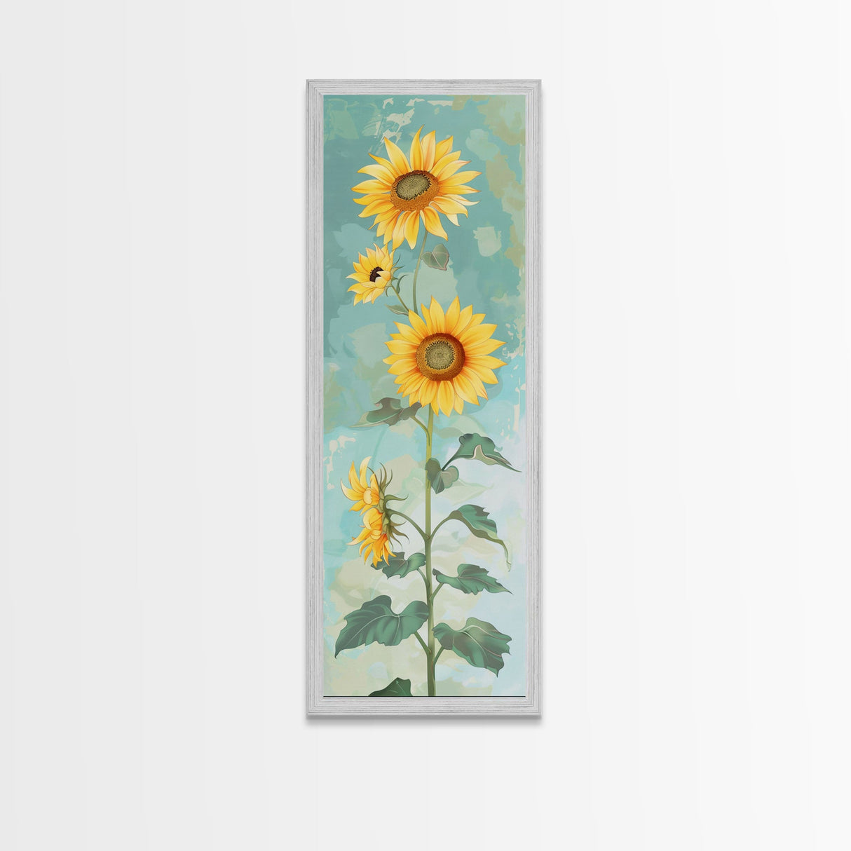 Japanese Skinny Art of Sunflowers with Golden Petals and Verdant Stems on a Pastel Blue Background – Framed Canvas Print
