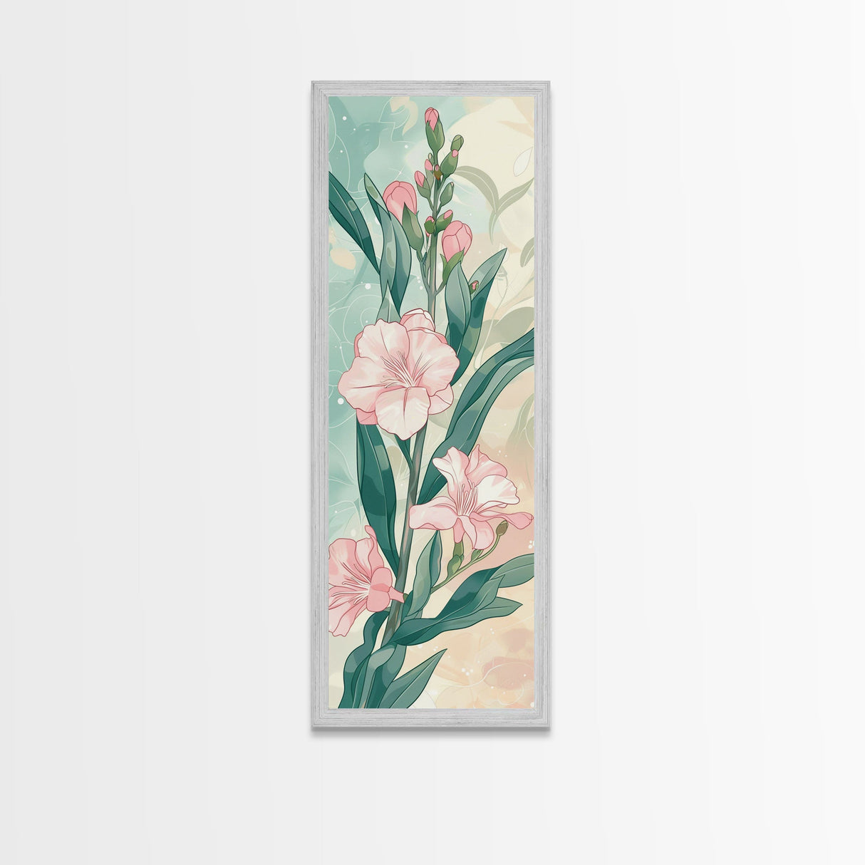 Skinny Art Pink Oleander Flowers In Japanese Style Wood Block Print Elegant Pastel Hues On Framed Canvas Print, Tall Art Ukiyo-e
