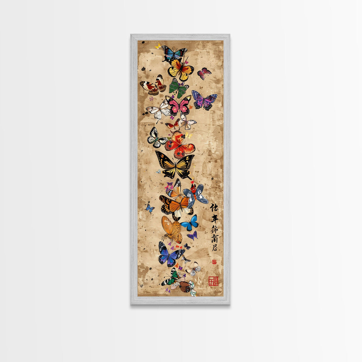 Butterflies In Spiral Formation On Light Brown Canvas Tall Art Skinny Art Framed Canvas Print Japanese Style Art Ukiyo-e Wood Block Print