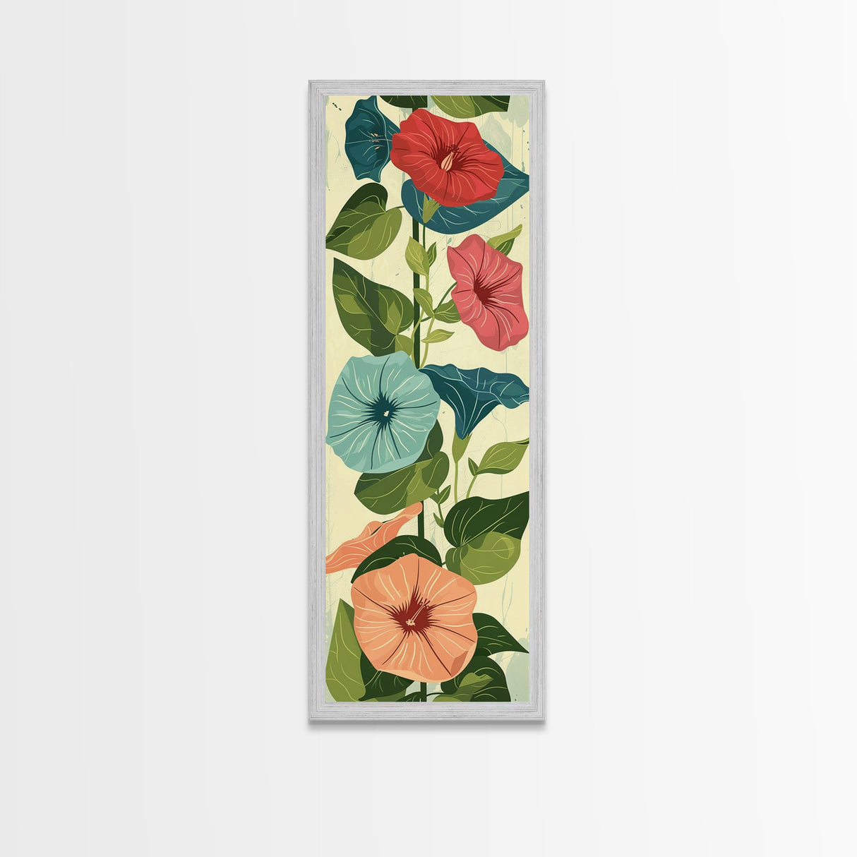 Morning Glory Flowers In Vibrant Red And Blue Shades Tall Art Skinny Art Framed Canvas Print Japanese Style Art Ukiyo-e Wood Block Print