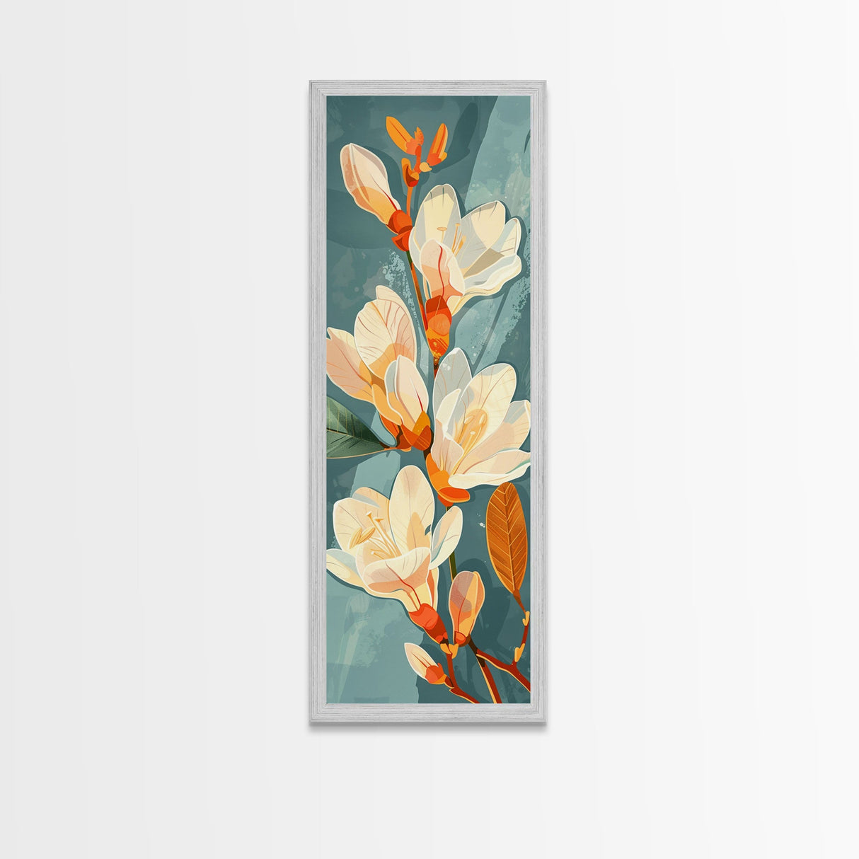 Light Cream Magnolia Blooms On Abstract Background Skinny Art Tall Art Framed Canvas Print Japanese Style Art Ukiyo-e Art Wood Block Print Delicate Decorative