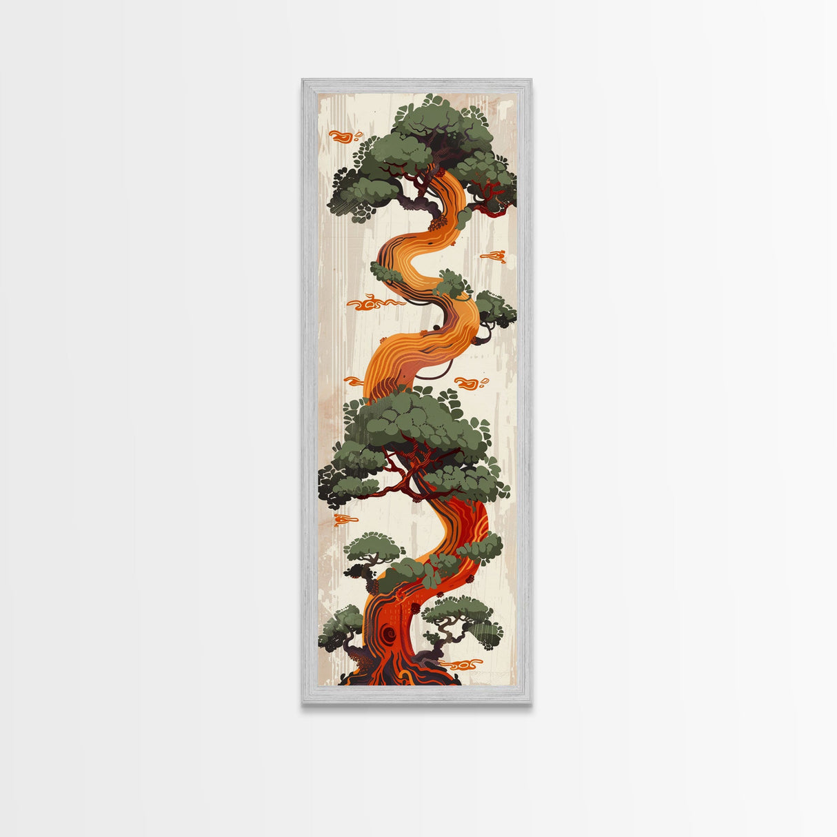 Curved Tree With Green Foliage Ukiyo-e Art Japanese Style Framed Canvas Print Wood Block Print Skinny Art Tall Art