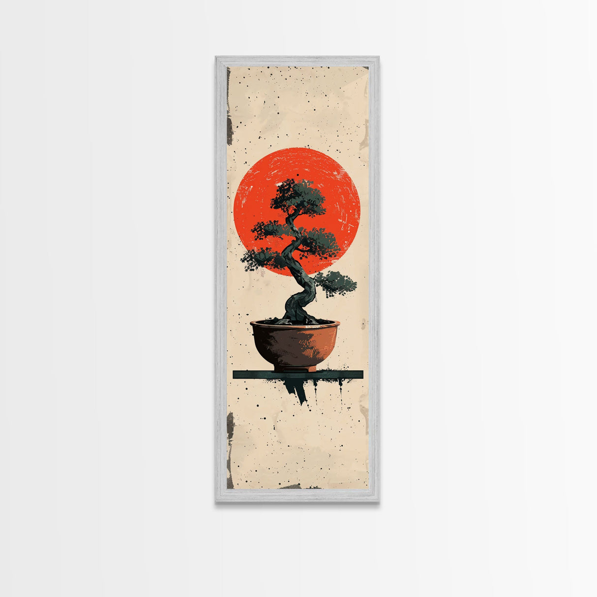 Canvas Print Bonsai Tree Silhouette Against Red Sun, Minimalistic Japanese Style Art For Modern Home, Wall Decoration