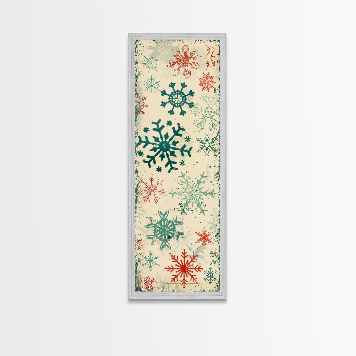 Snowflakes in Varied Sizes and Shapes Scattered on a Beige Canvas with a Distressed Texture Ukiyo-e Art Japanese Framed Canvas Print Skinny Tall Art