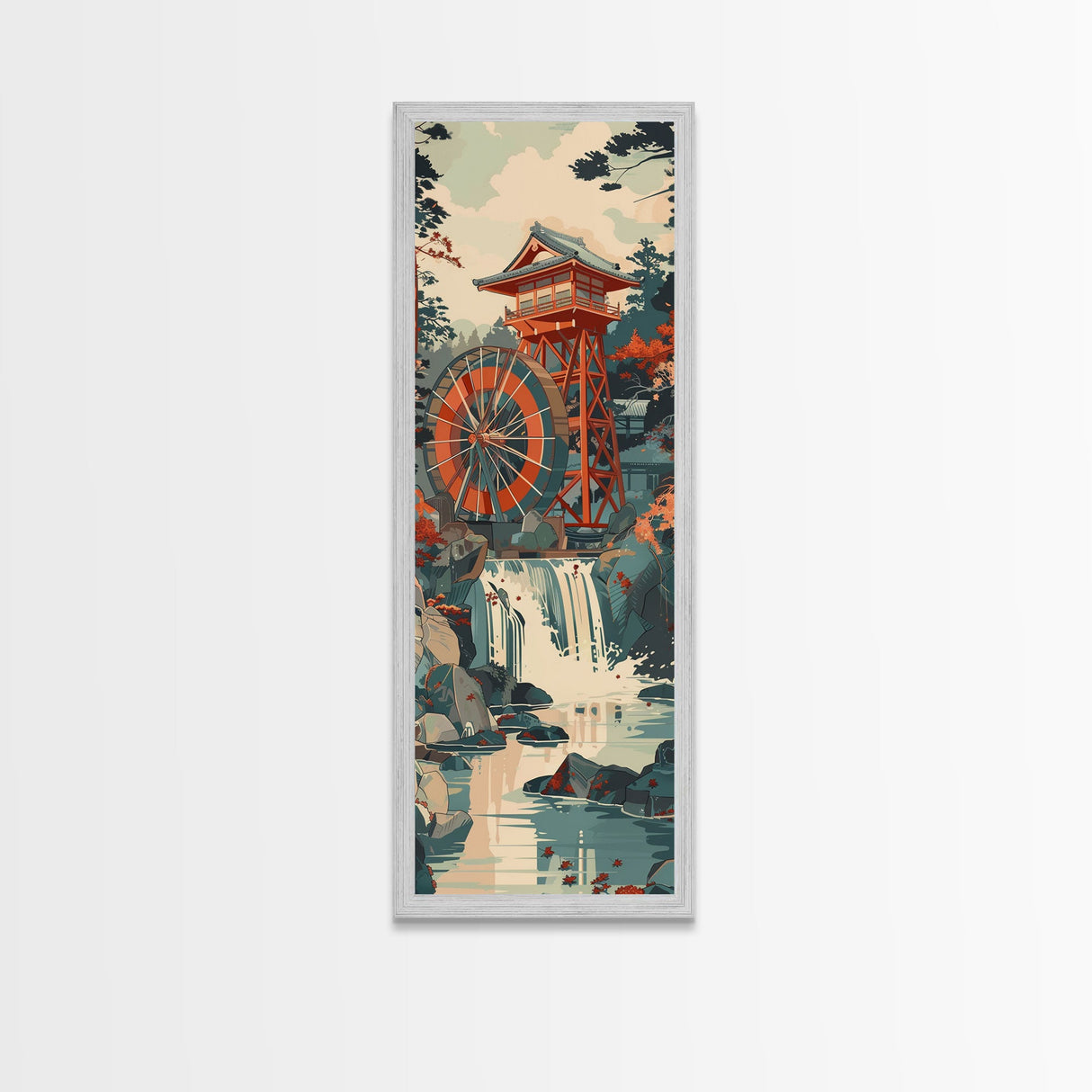 Traditional Japanese Watermill Skinny Wall Art Framed Canvas Print Overlooking Cascading Waterfall in Autumn Colors Japanese Art