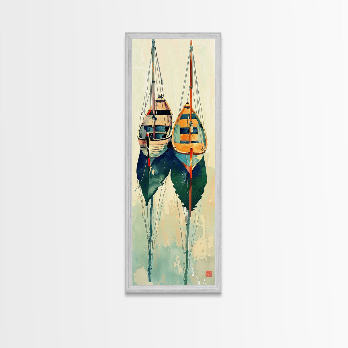 Reflective Calm Sailboats In The Harbor – Framed Canvas Print Featuring Skinny Art With Ukiyo-E Art And Japanese Style Art Tall Art Display